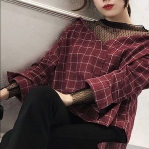 red burgundy plaid Mesh fashion top